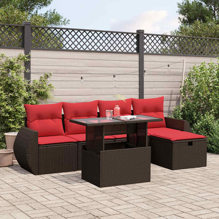 havesofasæt med 6 hynder brun polyrattan