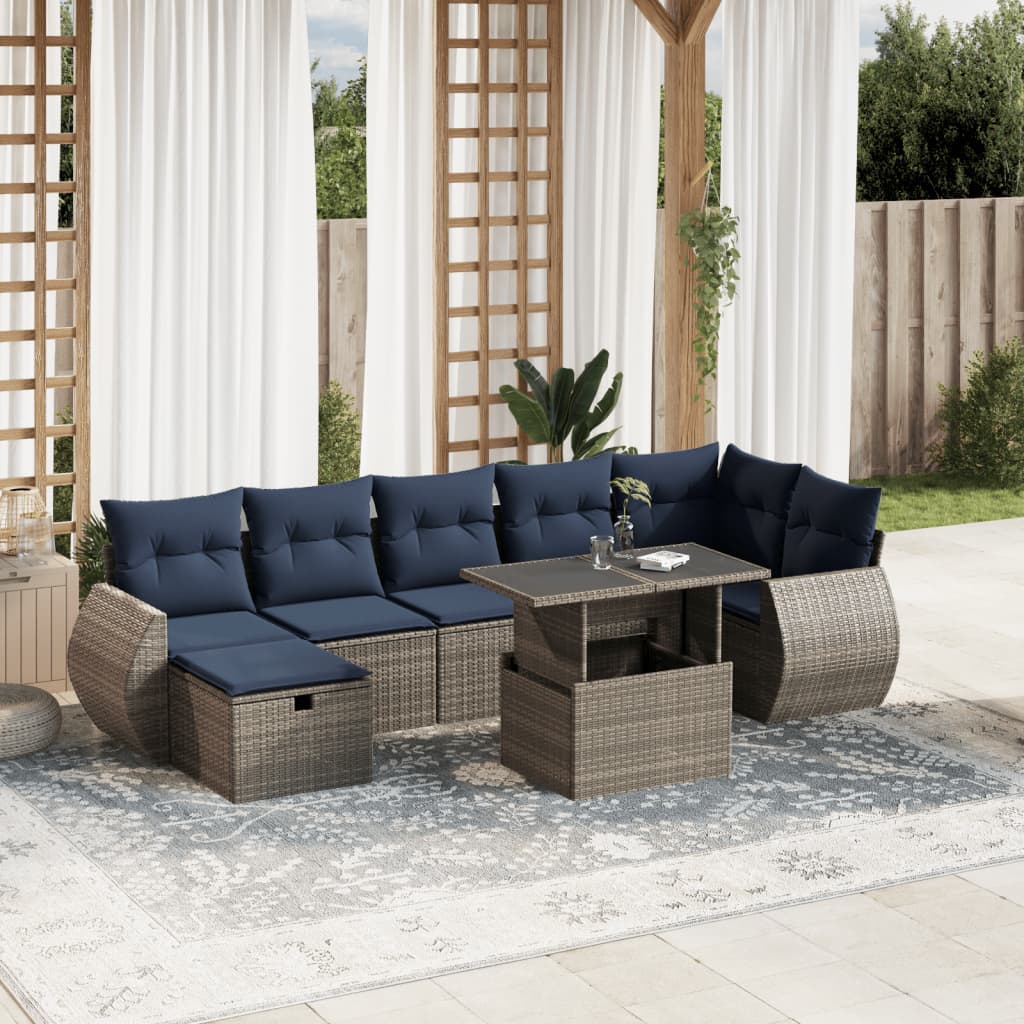 havesofasæt med 8 hynder grå polyrattan