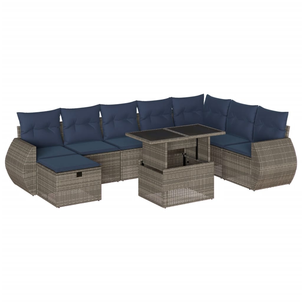havesofasæt med 9 dele og hynder grå polyrattan