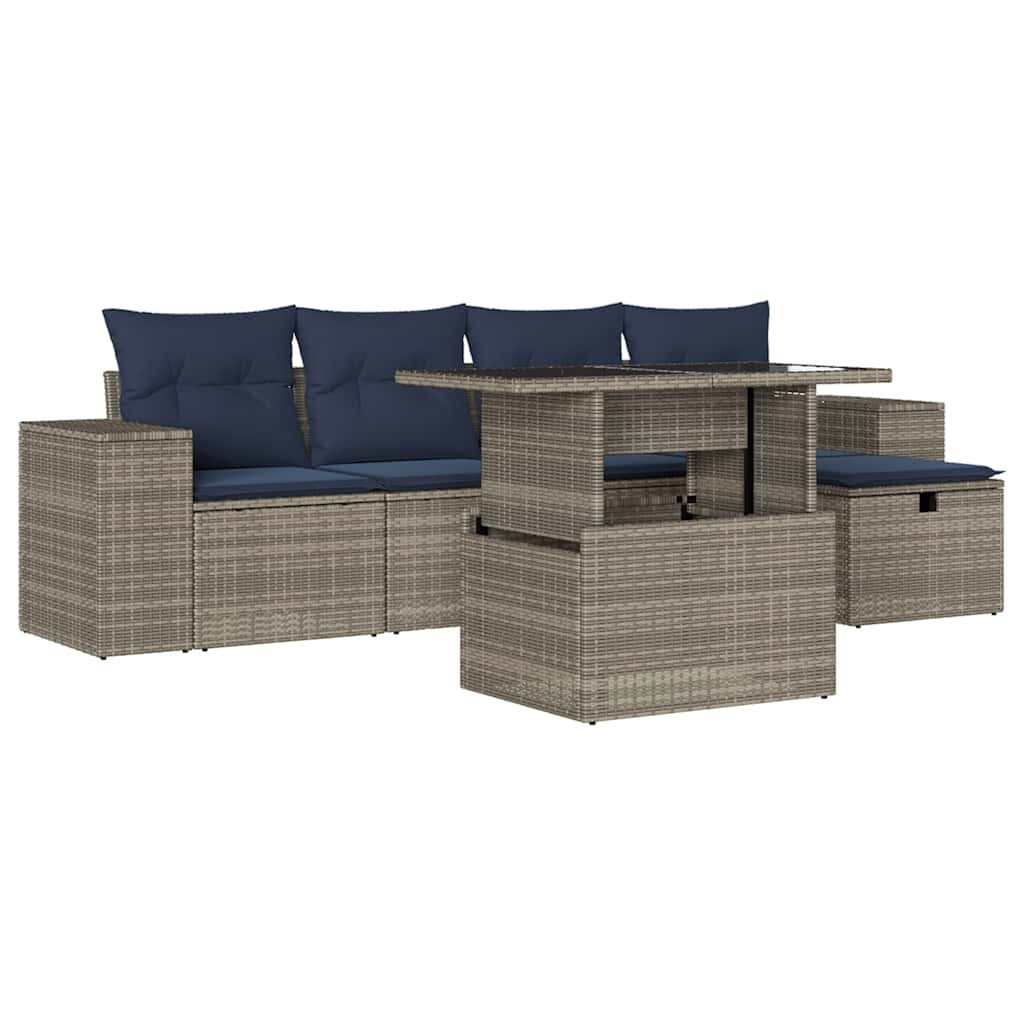 havesofasæt med 6 dele og hynder grå polyrattan
