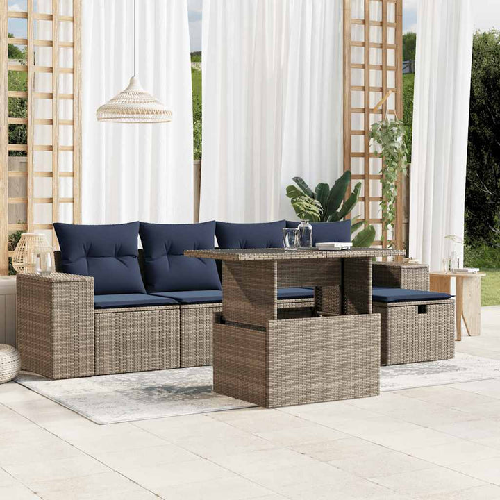 havesofasæt med 6 dele og hynder grå polyrattan