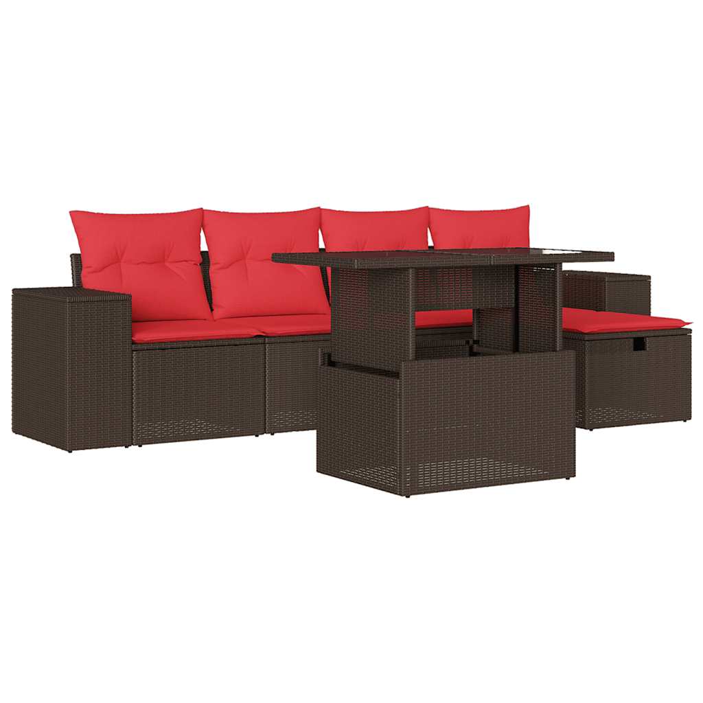 havesofasæt med 6 hynder brun polyrattan