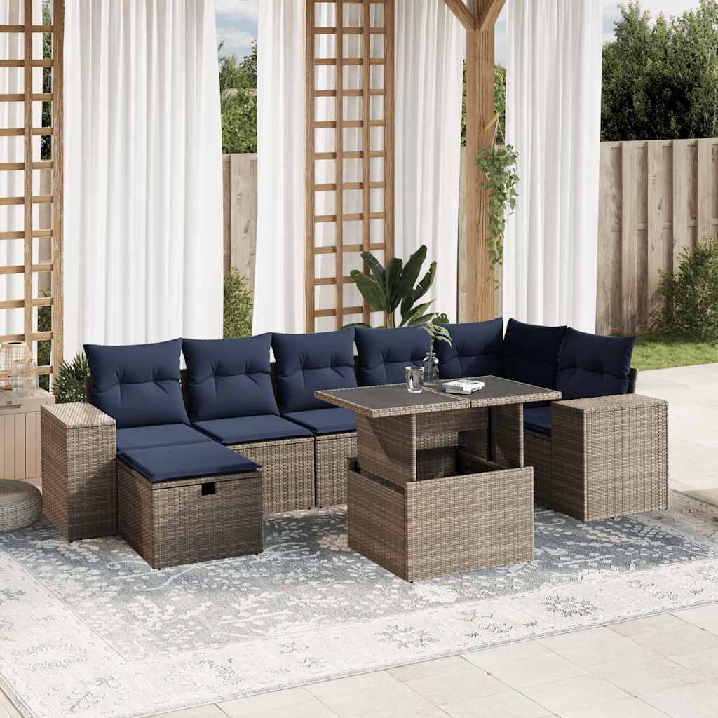 havesofasæt med 8 hynder grå polyrattan