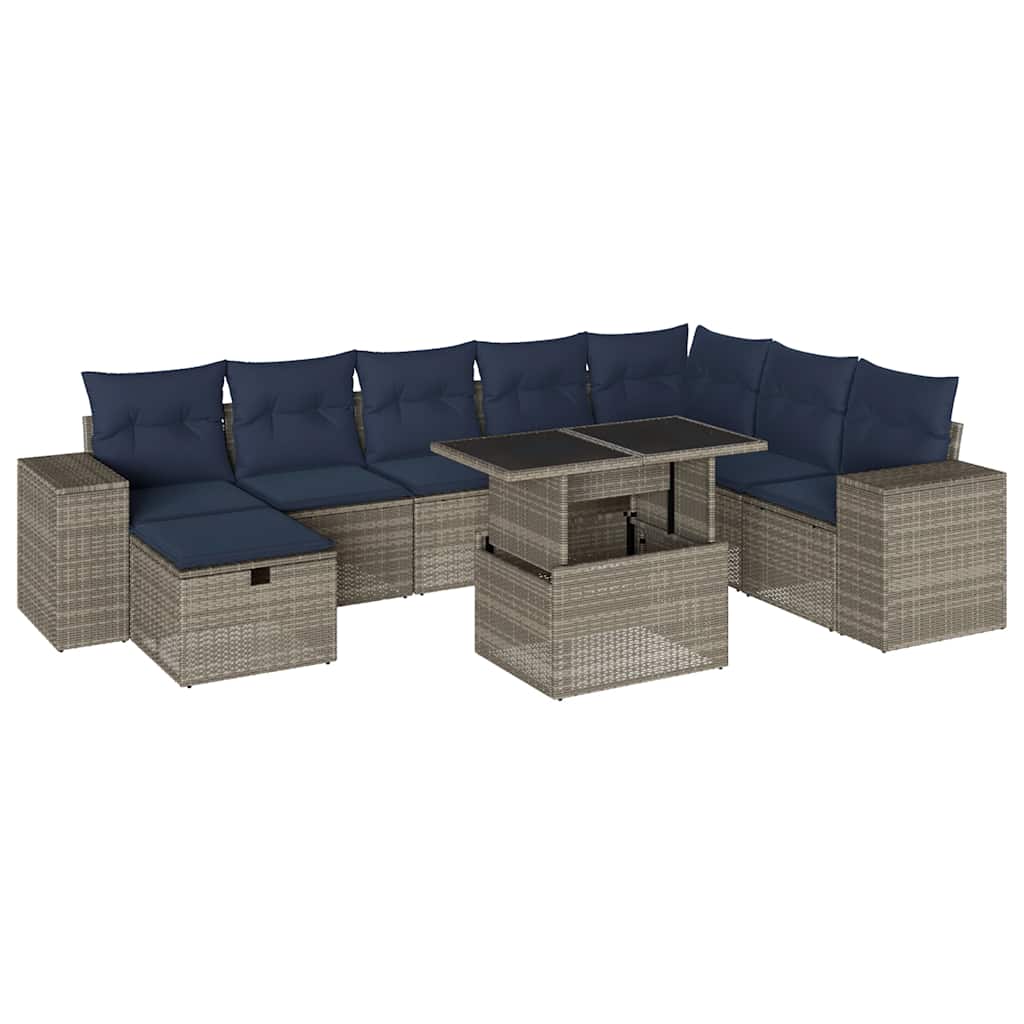 havesofasæt med 9 dele og hynder grå polyrattan