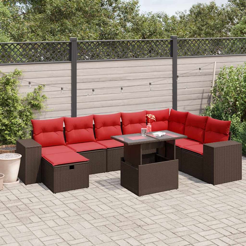 havesofasæt med 9 dele og hynder brun polyrattan