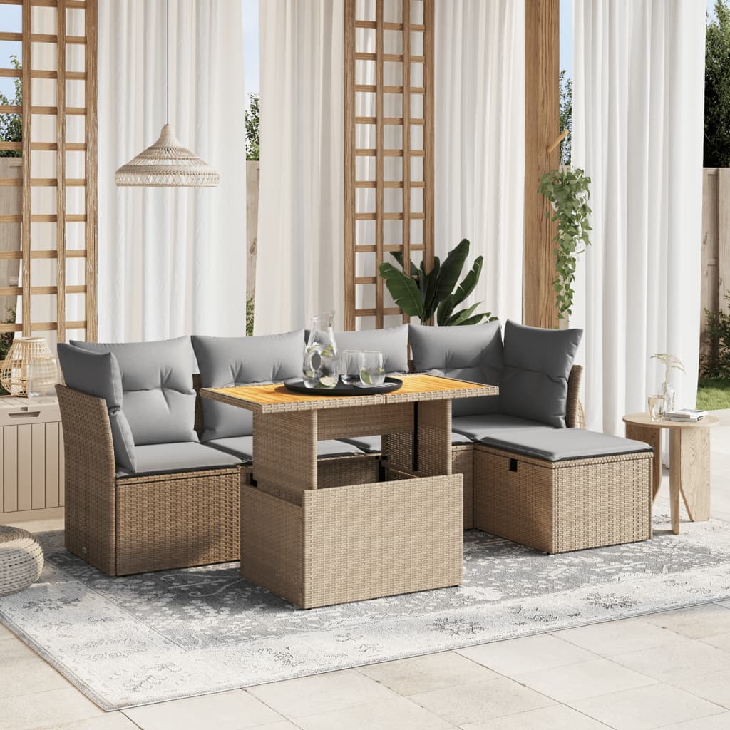 sofasæt til haven 6 dele med hynder polyrattan beige