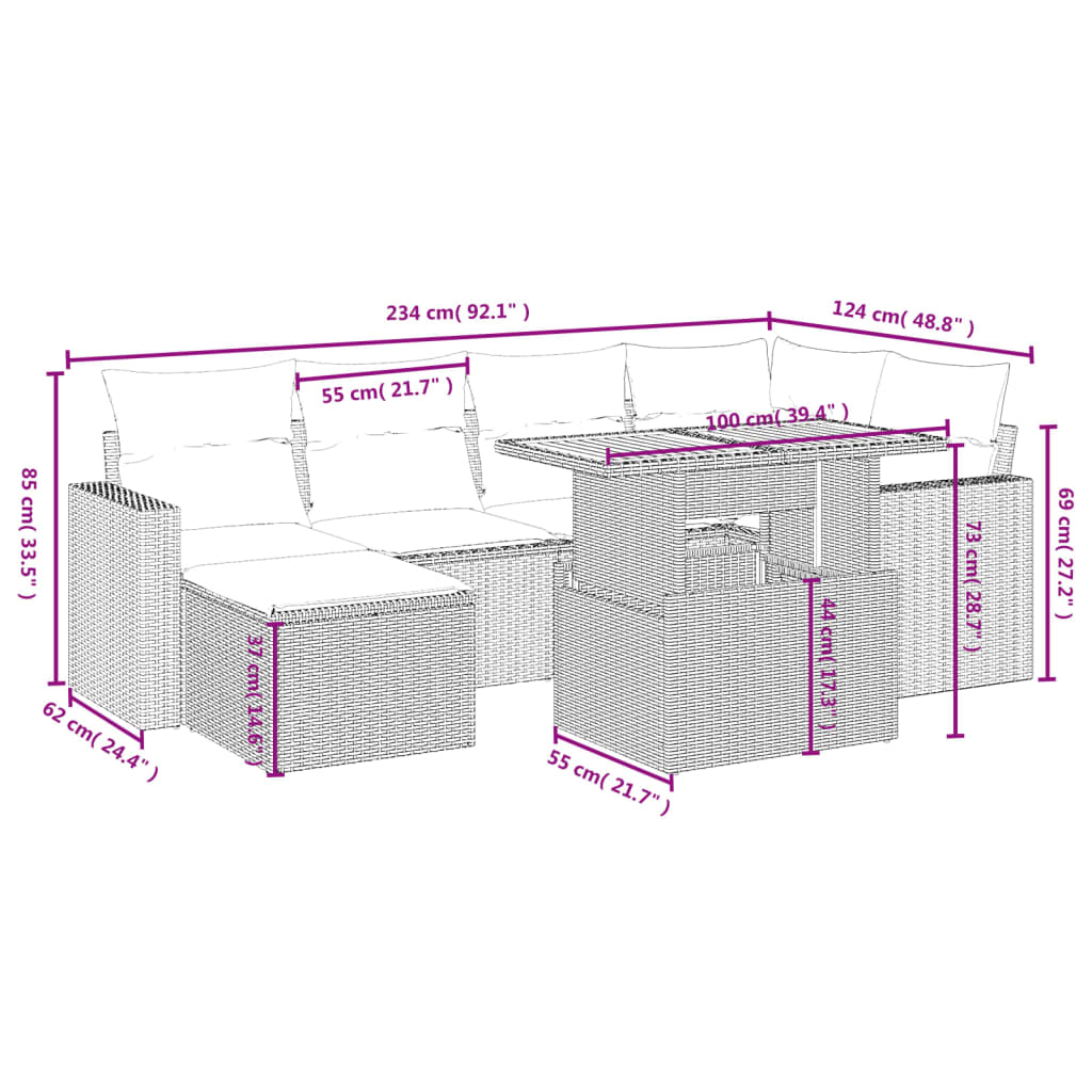 sofasæt til haven 7 dele med hynder polyrattan beige