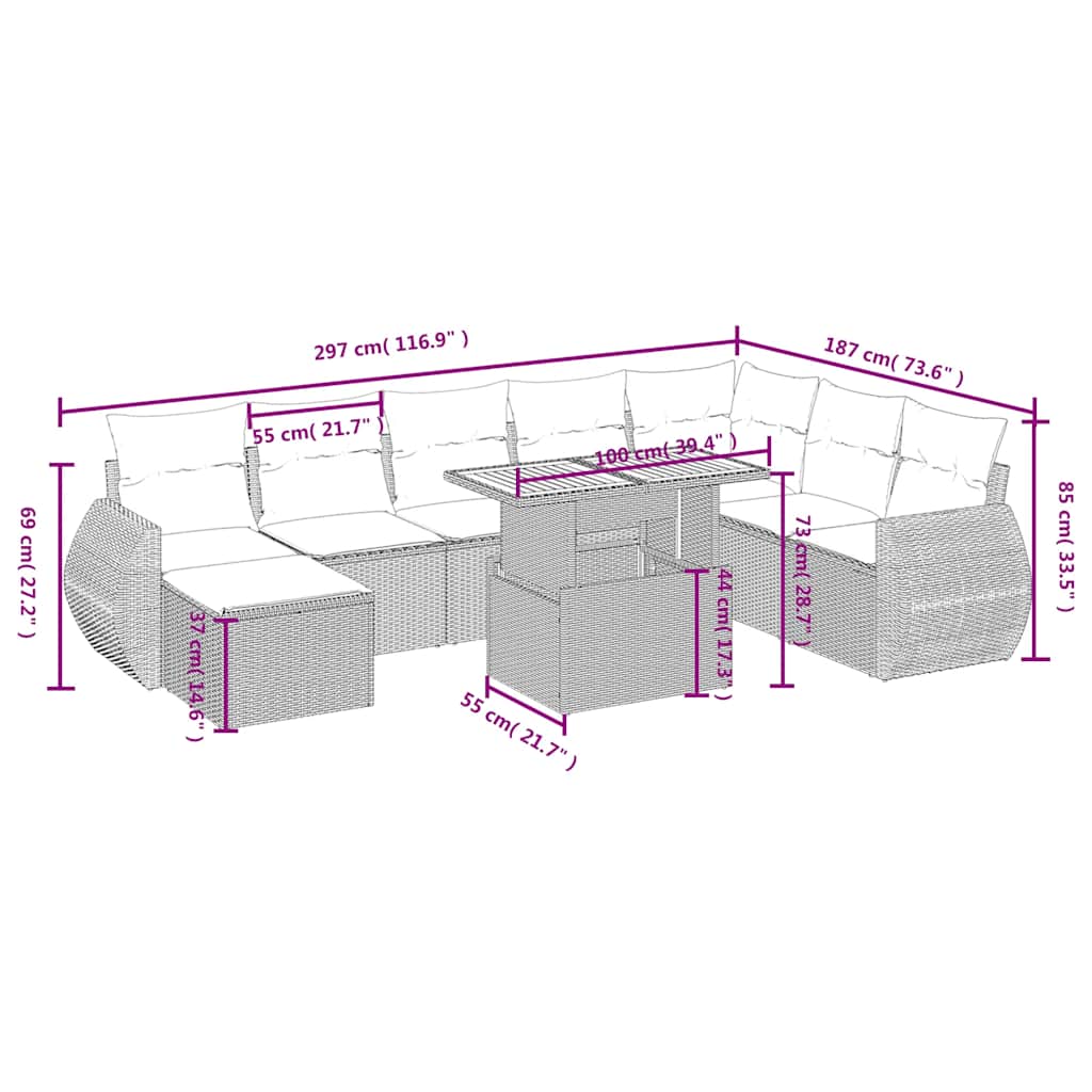 sofasæt til haven 9 dele med hynder polyrattan sort
