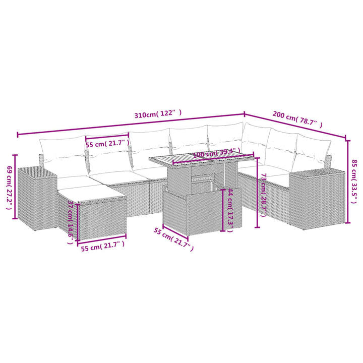 sofasæt til haven 9 dele med hynder polyrattan beige