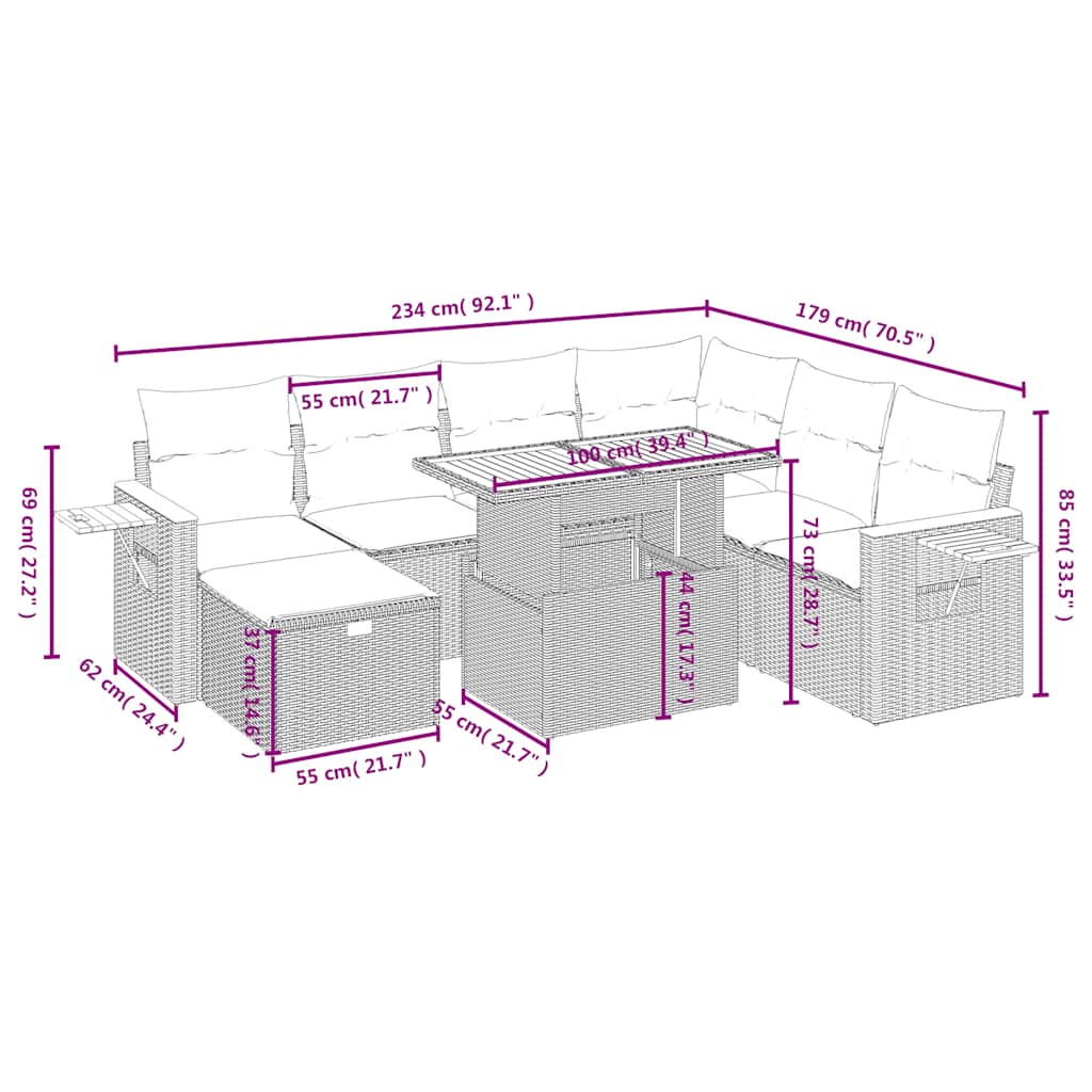 sofasæt til haven 8 dele med hynder polyrattan sort