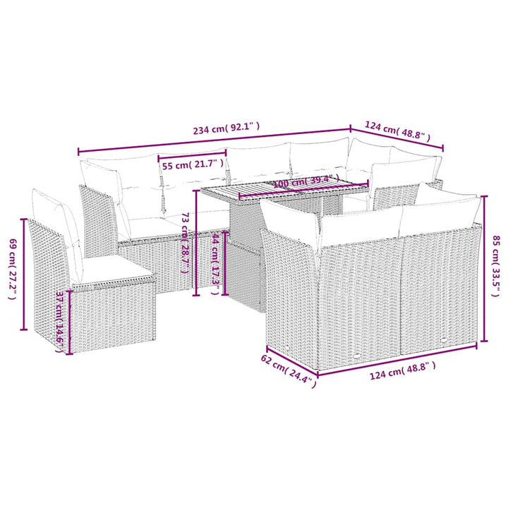 sofasæt til haven 9 dele med hynder polyrattan beige
