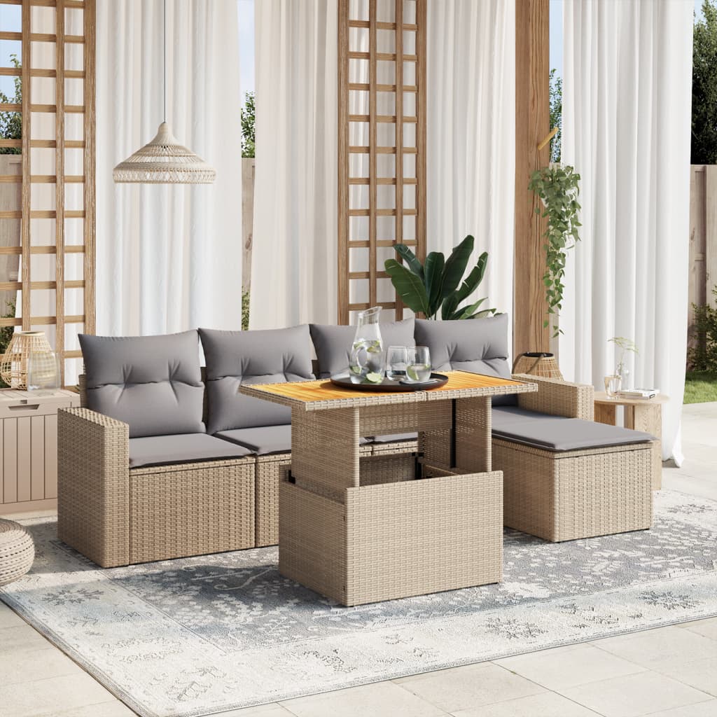 sofasæt til haven 6 dele med hynder polyrattan beige