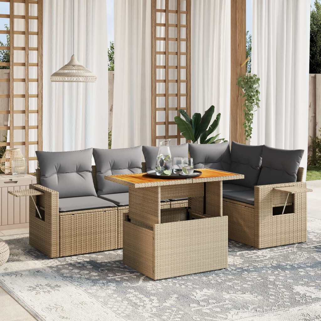 sofasæt til haven 6 dele med hynder polyrattan beige