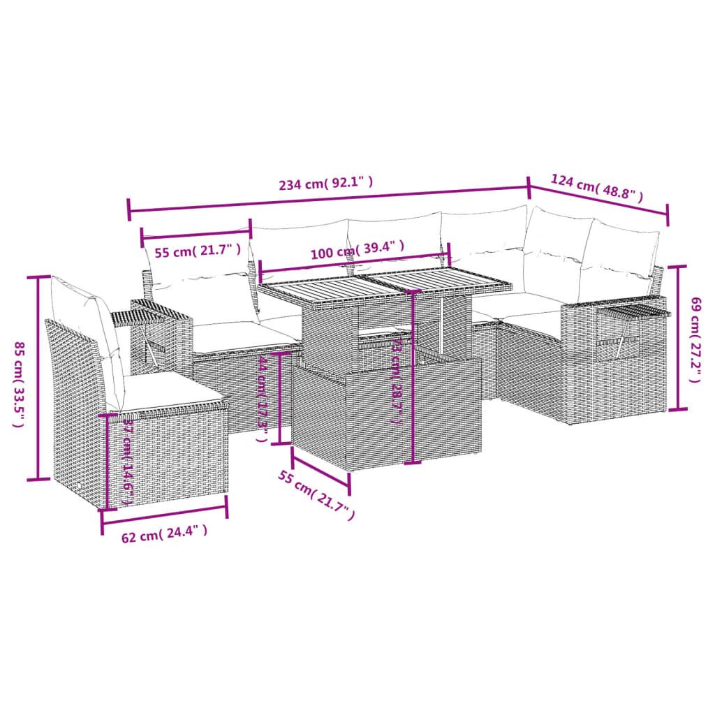 sofaesæt til haven 7 dele med hynder polyrattan grå