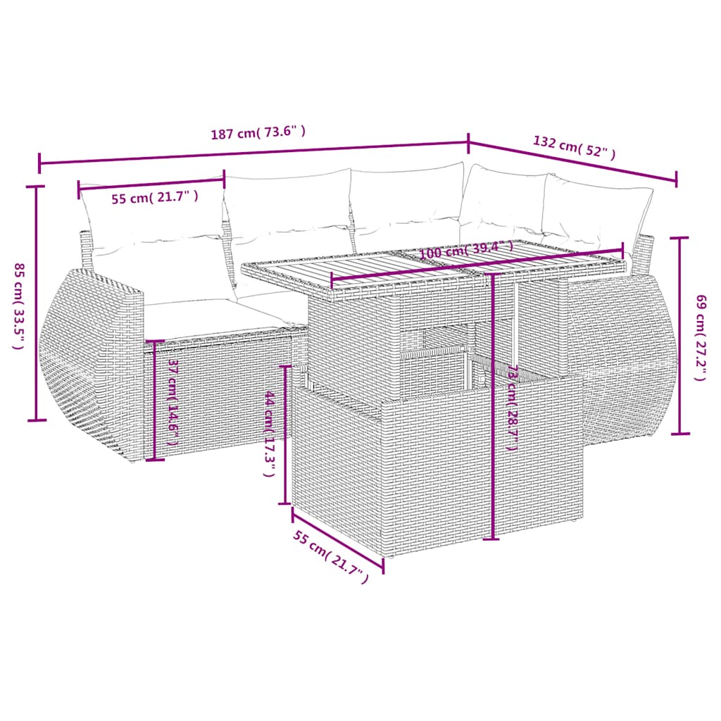 sofasæt til haven 5 dele med hynder polyrattan sort