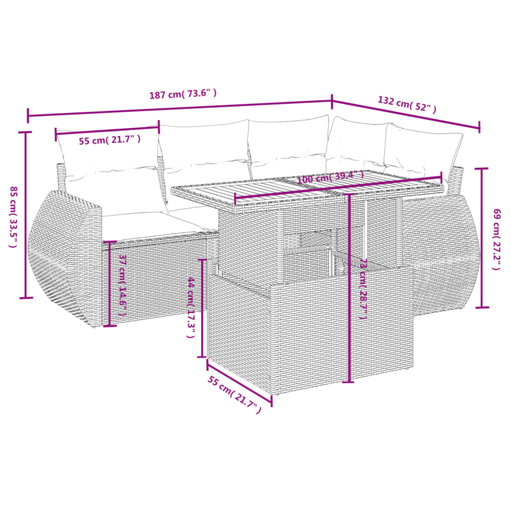 sofasæt til haven 5 dele med hynder polyrattan beige