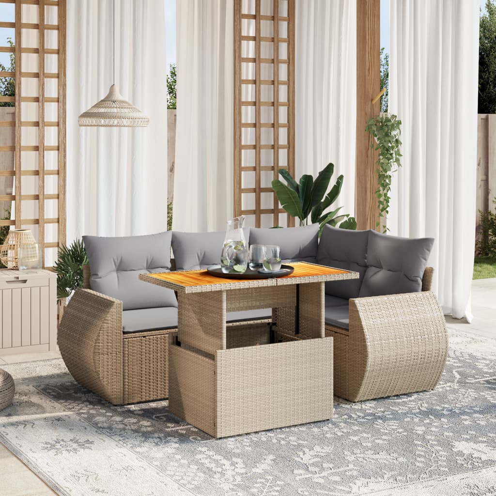sofasæt til haven 5 dele med hynder polyrattan beige