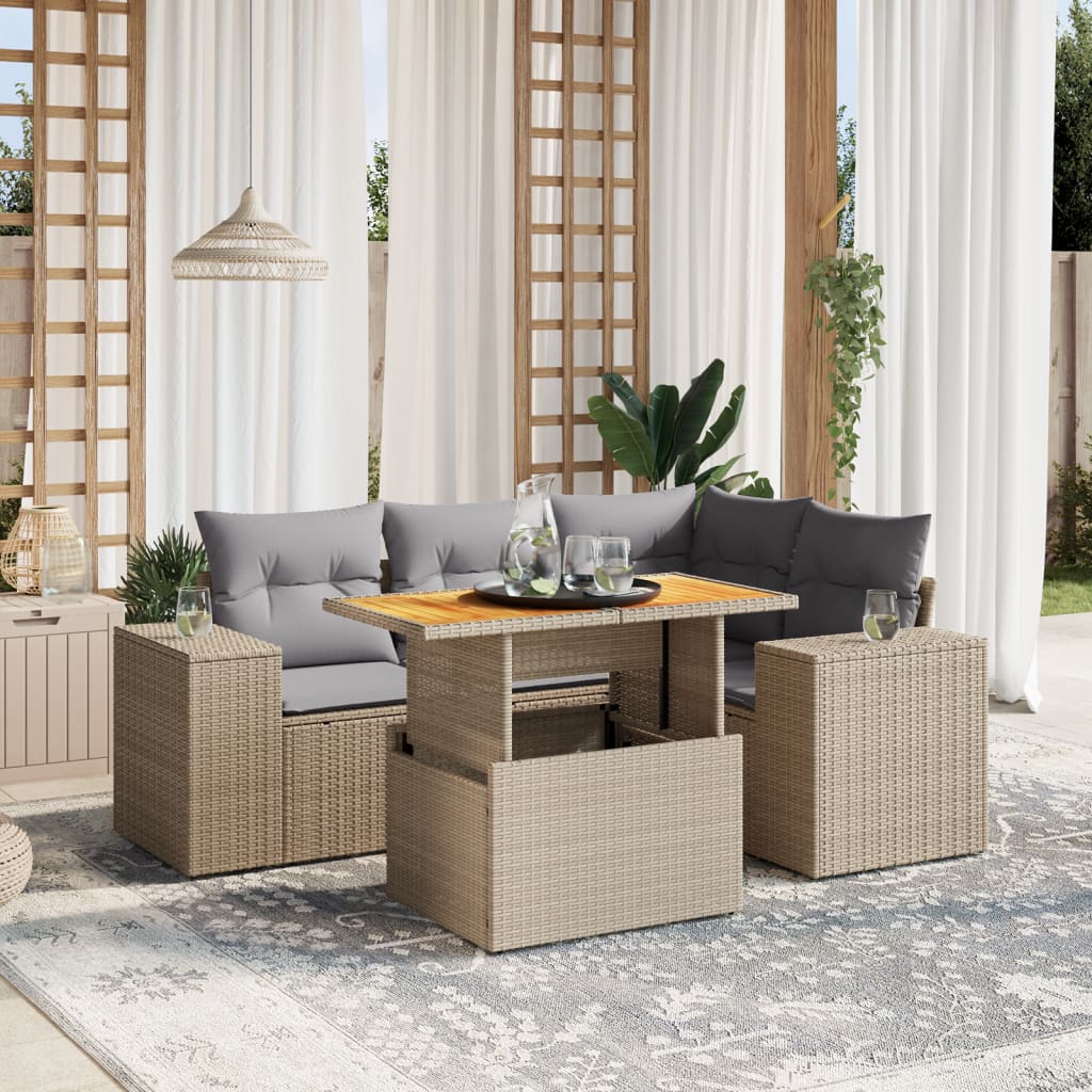 sofasæt til haven 5 dele med hynder polyrattan beige