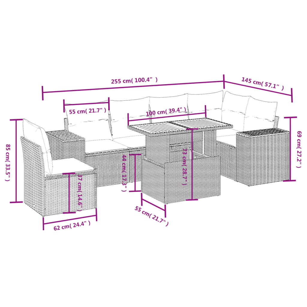 sofasæt til haven 7 dele med hynder polyrattan sort