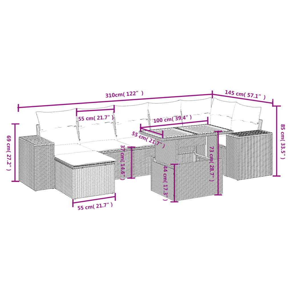 sofasæt til haven 8 dele med hynder polyrattan sort