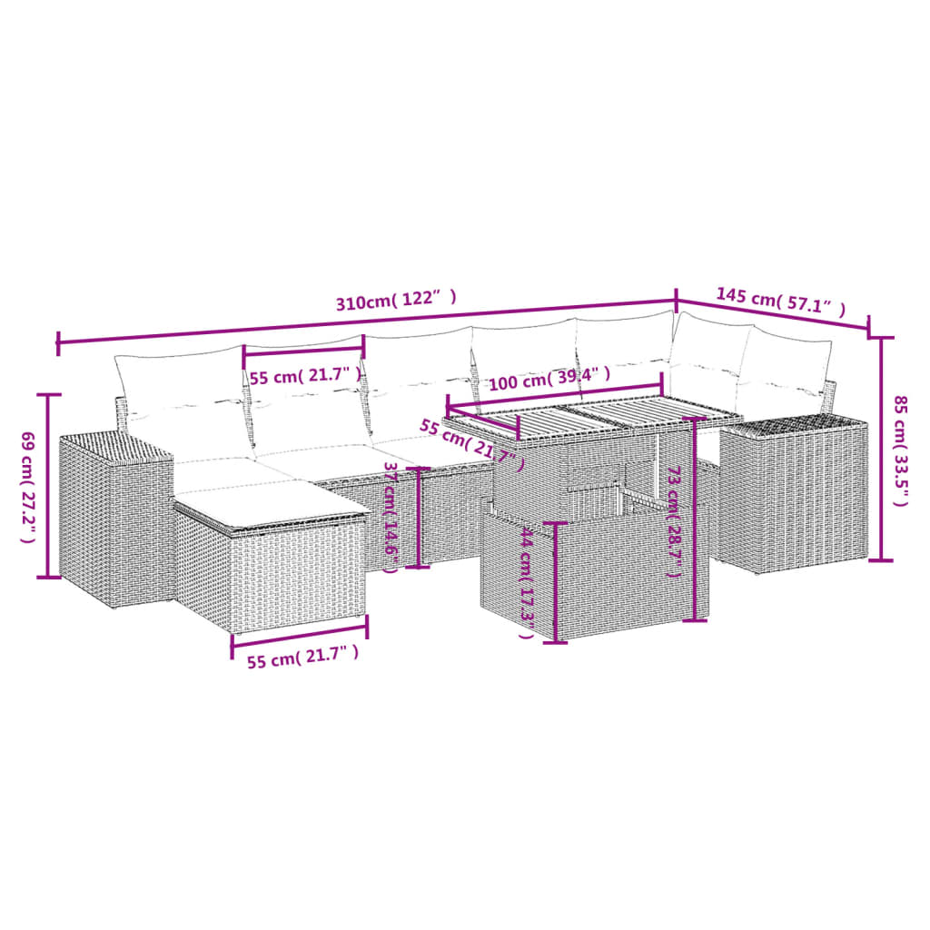 sofasæt til haven 8 dele med hynder polyrattan grå