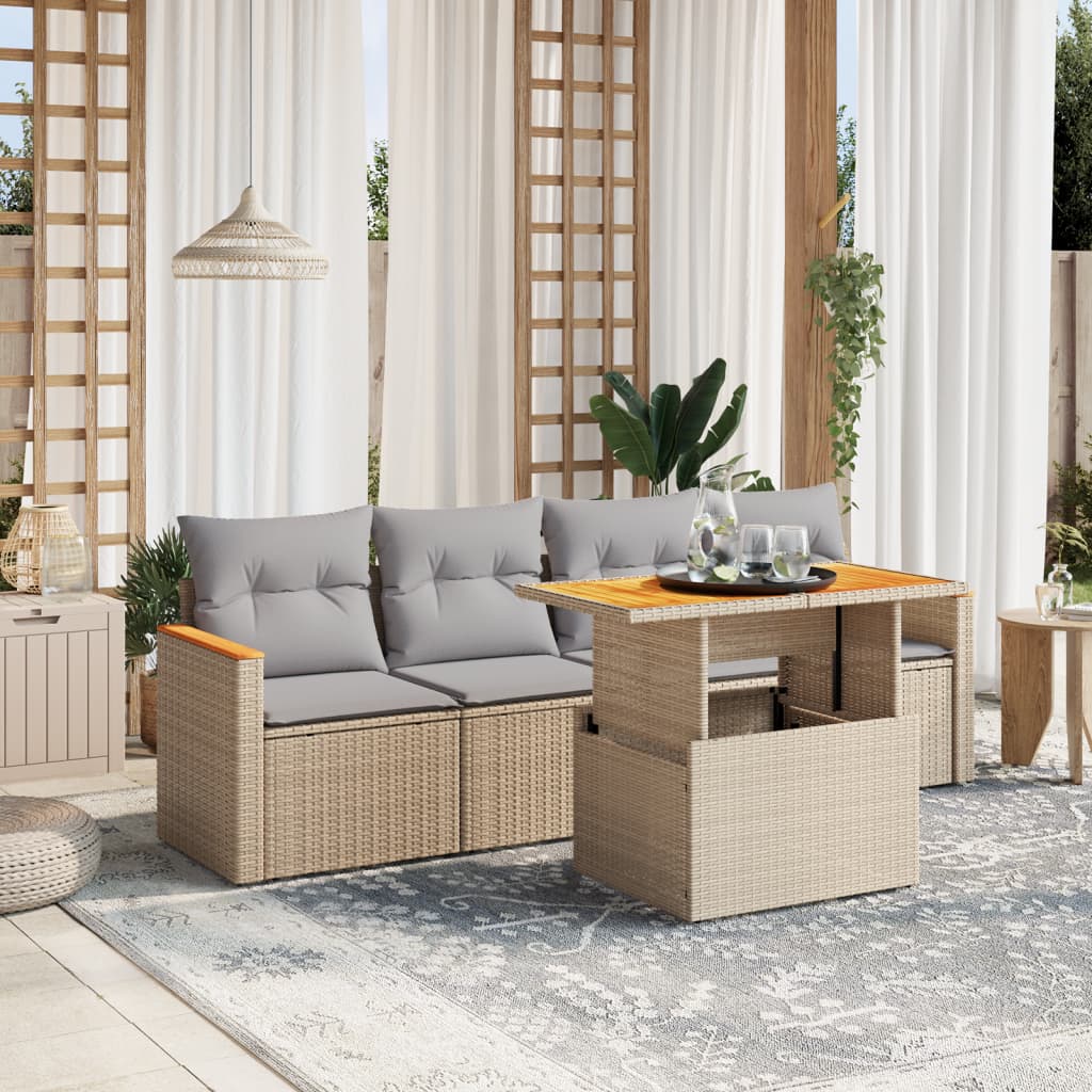 sofasæt til haven 5 dele med hynder polyrattan beige