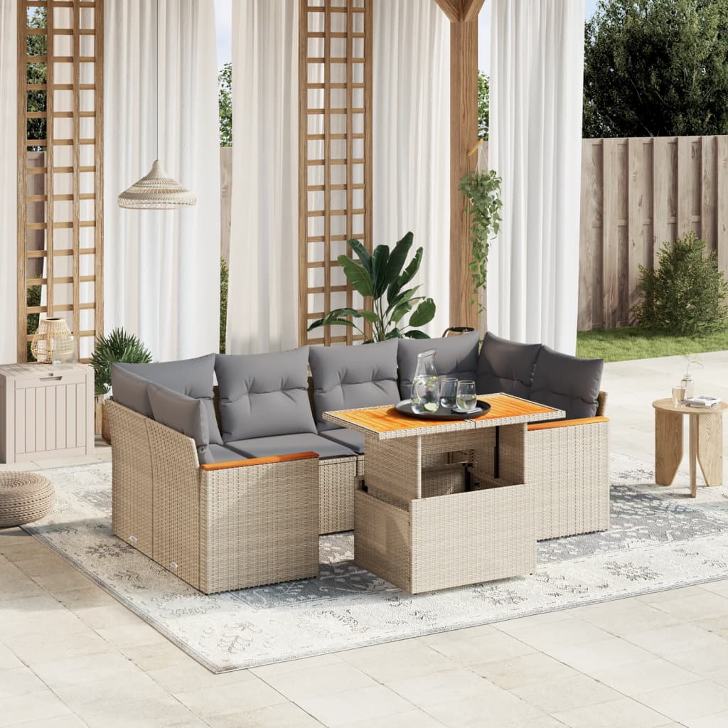 sofasæt til haven 7 dele med hynder polyrattan beige