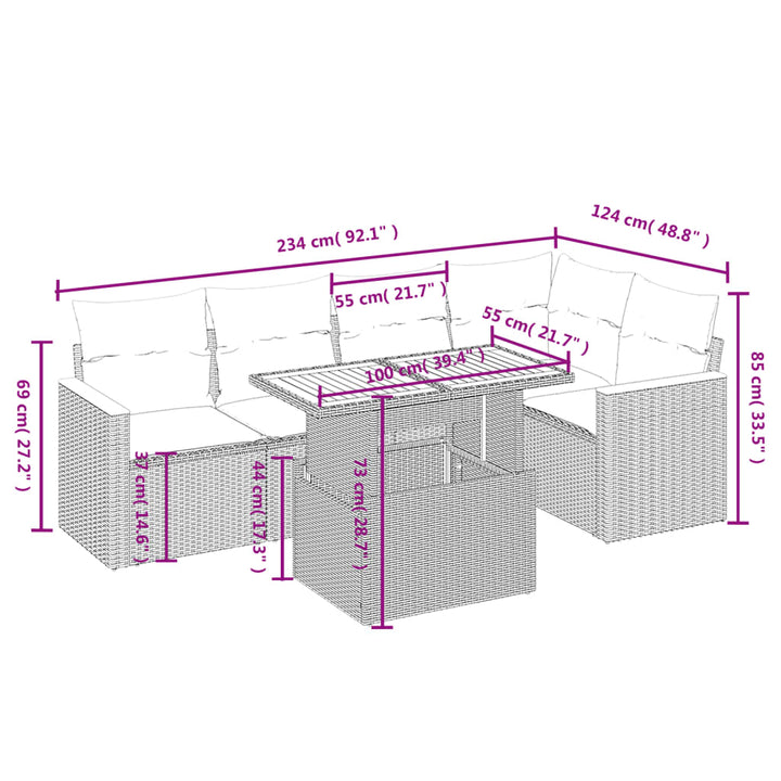 sofasæt til haven 6 dele med hynder polyrattan sort