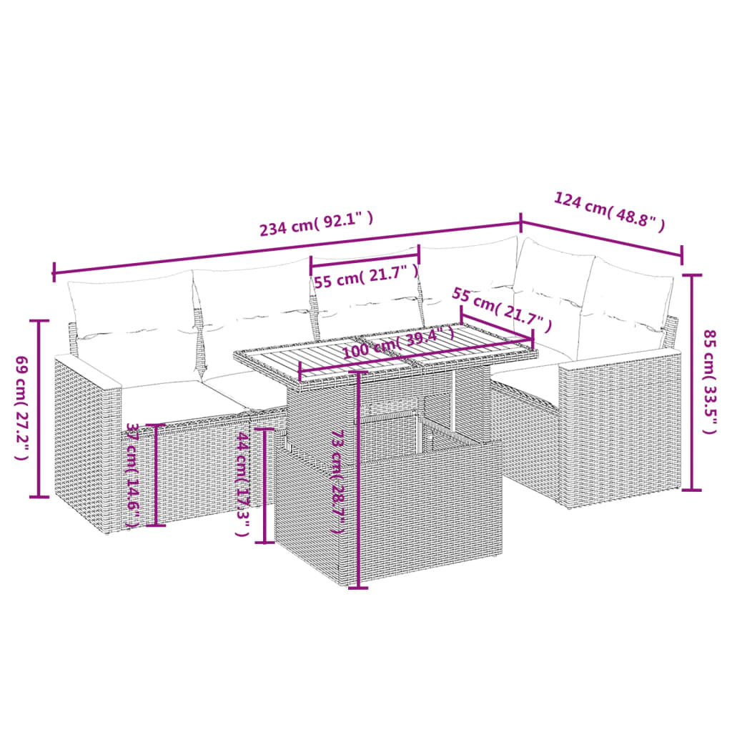 sofasæt til haven 6 dele med hynder polyrattan grå