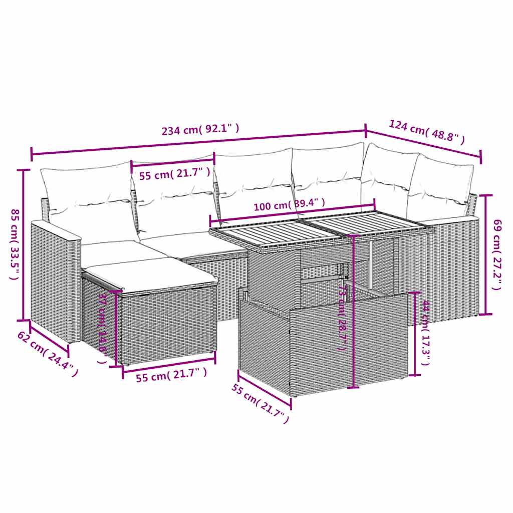 sofasæt til haven 7 dele med hynder polyrattan sort