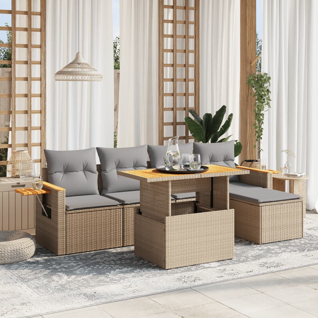 sofasæt til haven 6 dele med hynder polyrattan beige
