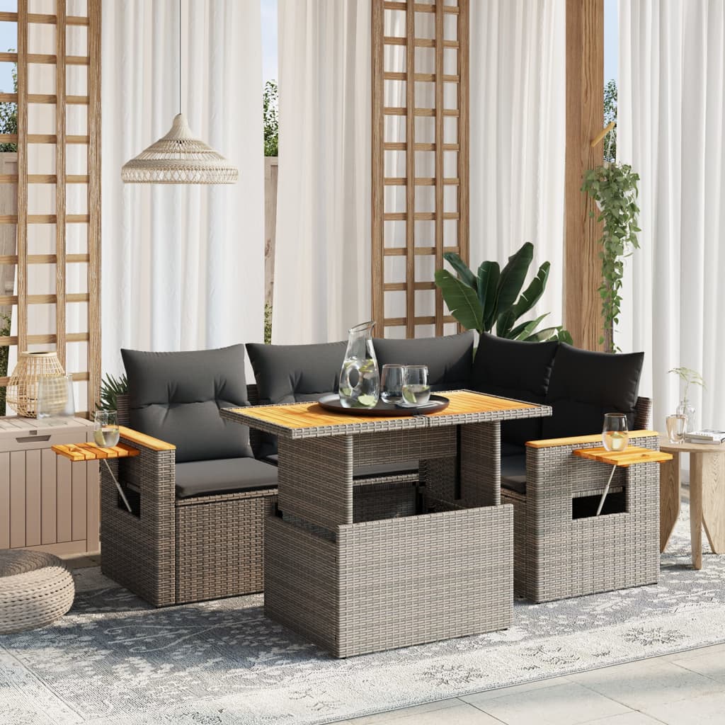 sofasæt 5 dele med hynder polyrattan grå