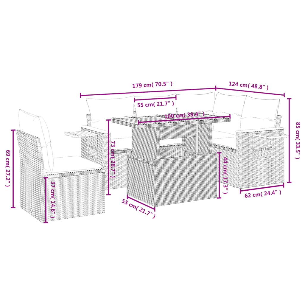 sofasæt til haven 6 dele med hynder polyrattan grå