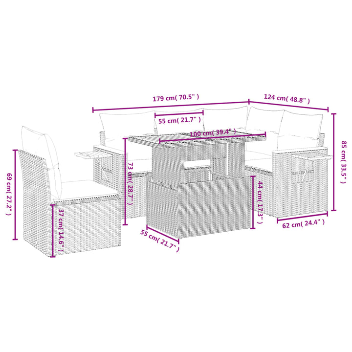 sofasæt til haven 6 dele med hynder polyrattan grå