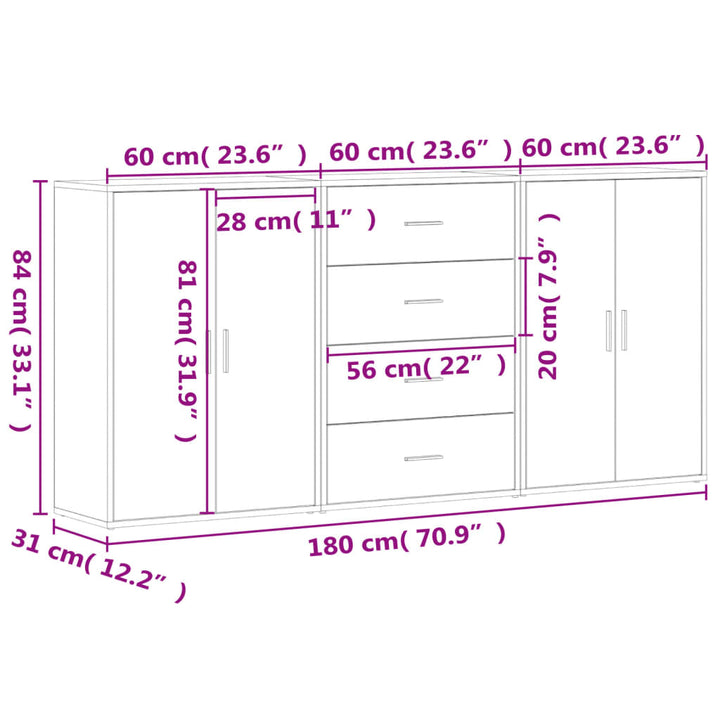 kommoder 3 stk. 60x31x84 cm konstrueret træ hvid