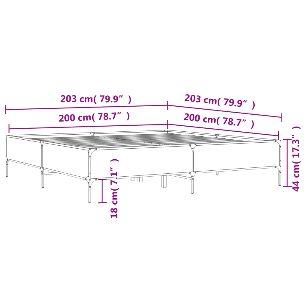 sengestel 200x200cm konstrueret træ og metal røget egetræsfarve