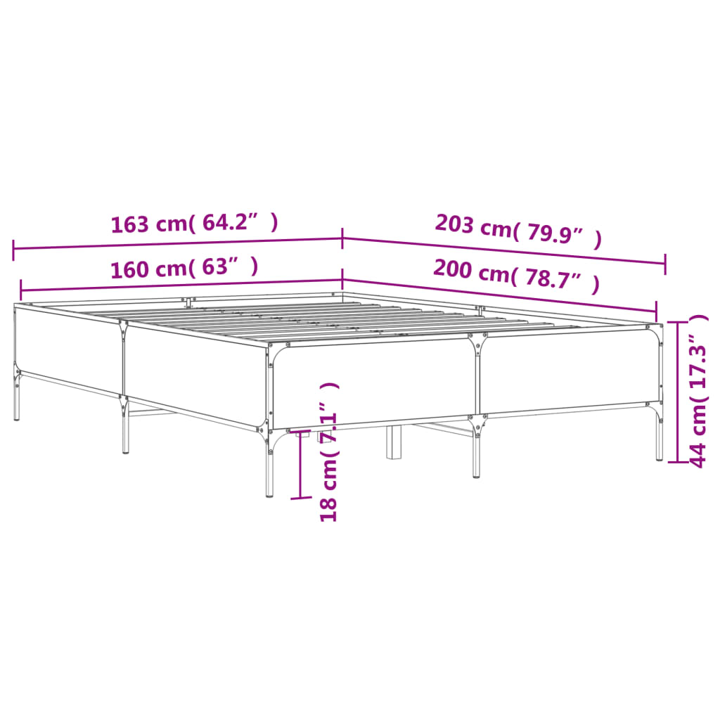 sengestel 160x200cm konstrueret træ og metal røget egetræsfarve