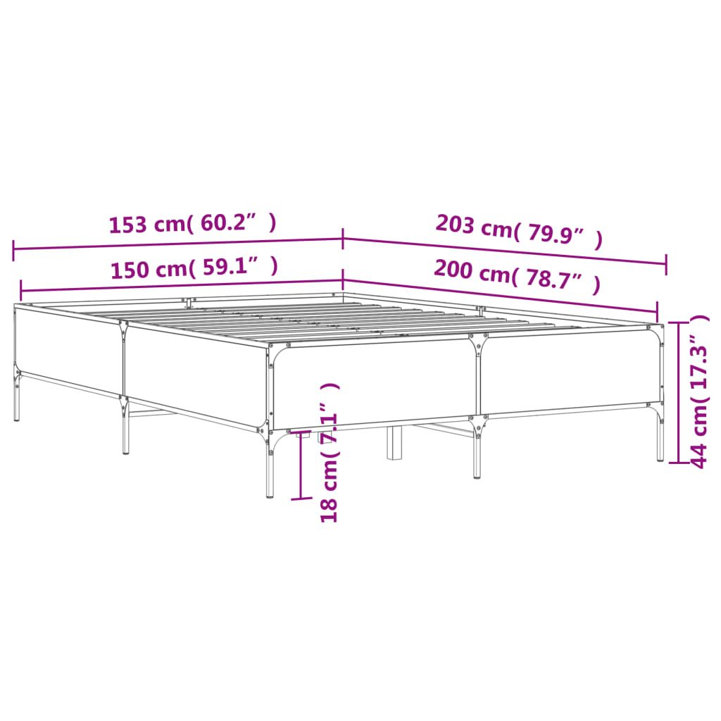 sengestel 150x200cm konstrueret træ og metal røget egetræsfarve