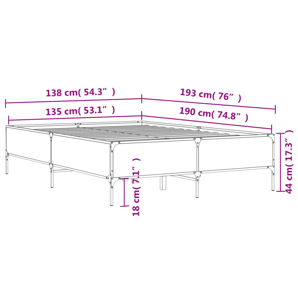 sengestel 135x190cm konstrueret træ og metal røget egetræsfarve