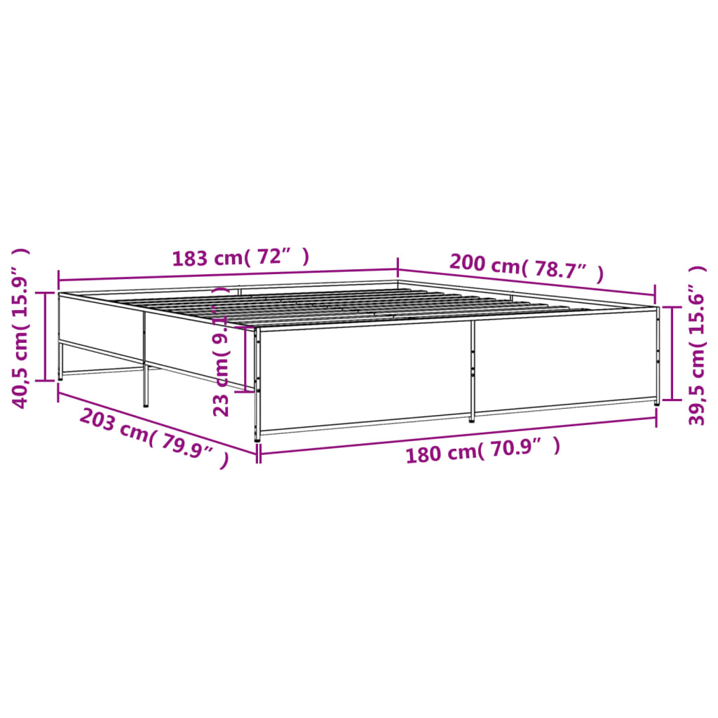 sengestel 180x200cm konstrueret træ og metal røget egetræsfarve