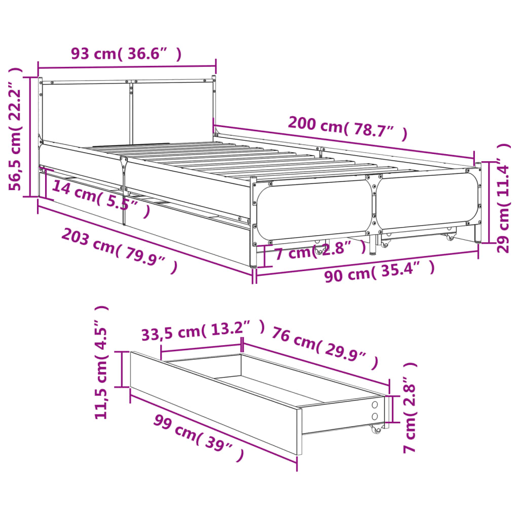 sengeramme 90x200 cm konstrueret træ sort