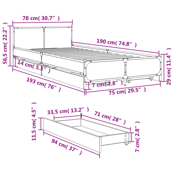 sengeramme med skuffer 75x190 cm konstrueret træ sonoma-eg