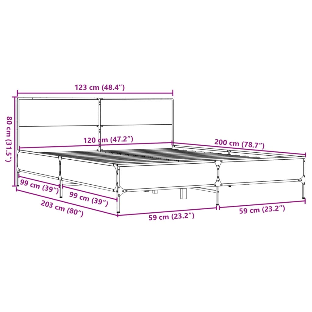 sengestel 120x200cm konstrueret træ og metal røget egetræsfarve