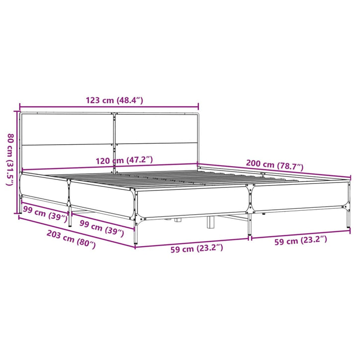 sengestel 120x200cm konstrueret træ og metal røget egetræsfarve