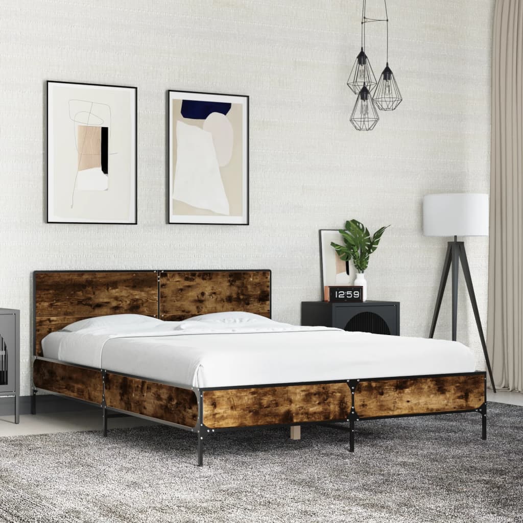 sengestel 120x200cm konstrueret træ og metal røget egetræsfarve