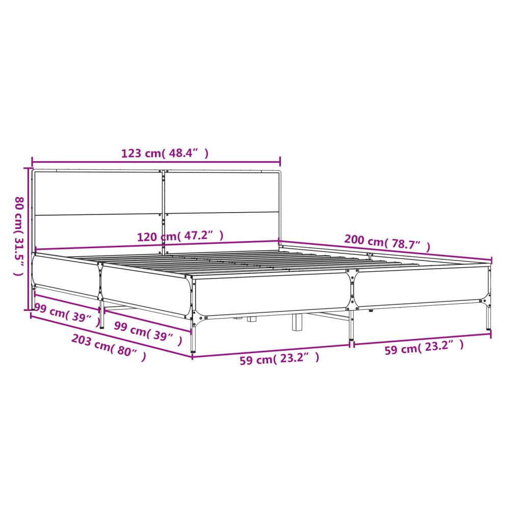 sengestel 120x200 cm konstrueret træ og metal brun egetræ
