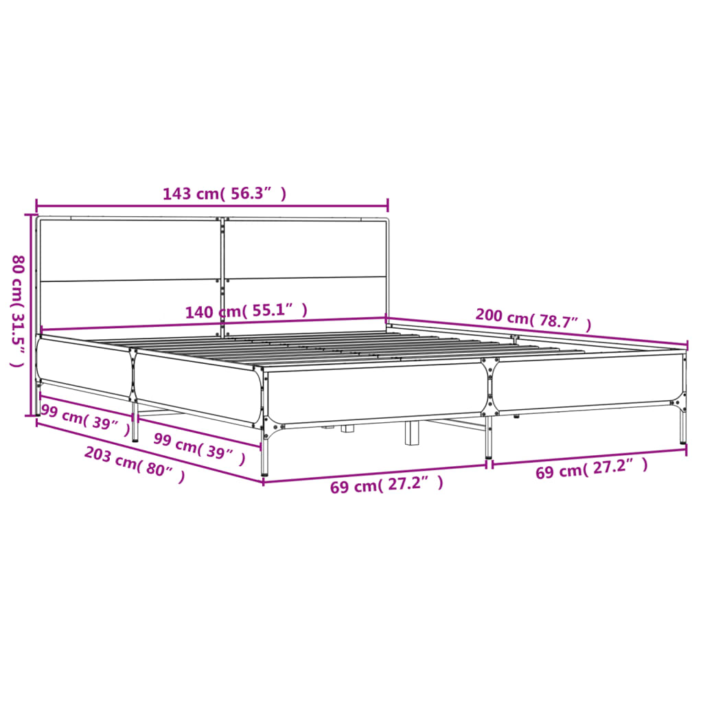 sengestel 140x200 cm konstrueret træ og metal grå sonoma-eg