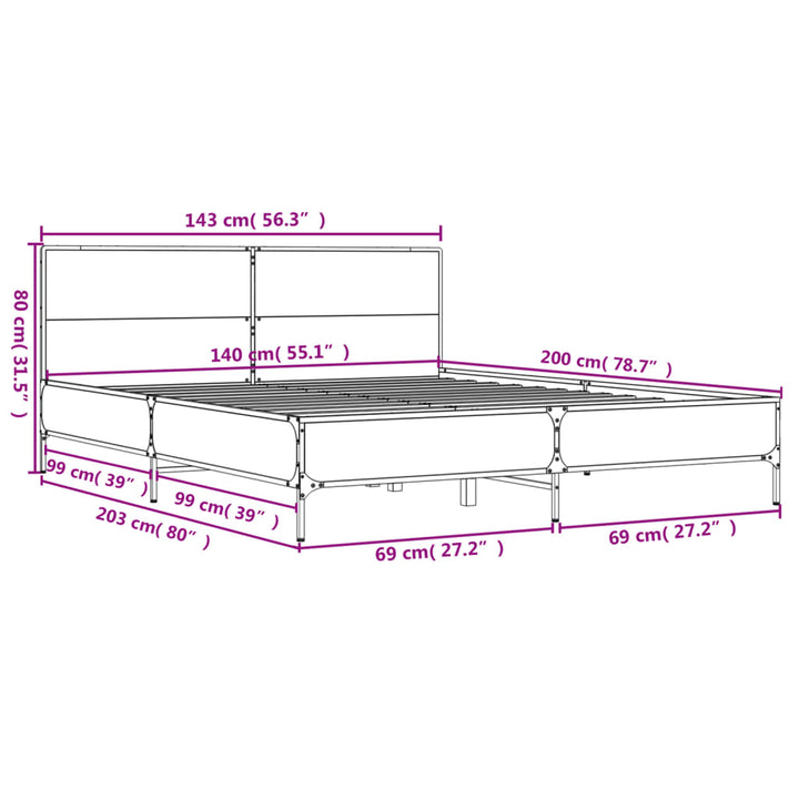 sengestel 140x200 cm konstrueret træ og metal grå sonoma-eg