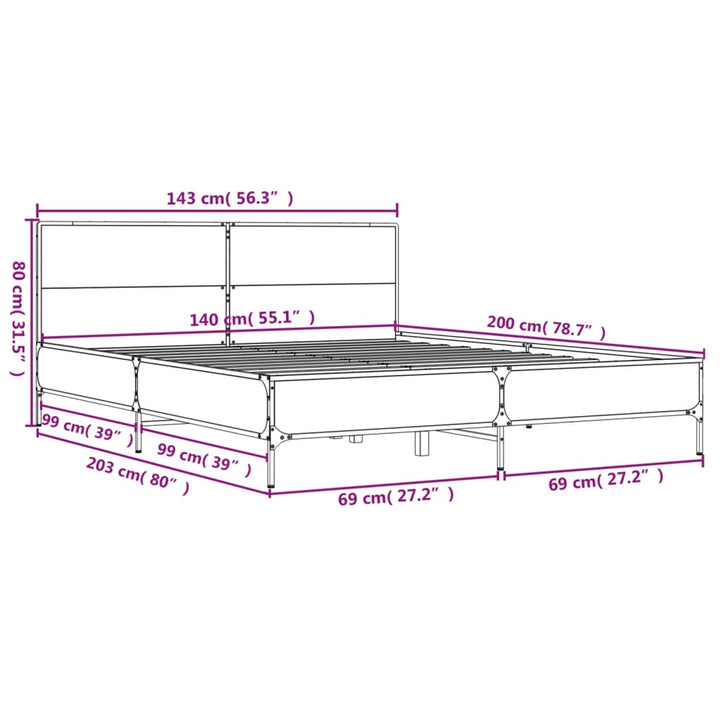 sengestel 140x200 cm konstrueret træ og metal brun egetræ