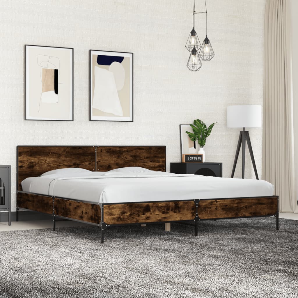 sengestel 180x200cm konstrueret træ og metal røget egetræsfarve